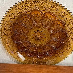 Vintage Indiana Chantilly Tiara Amber Glass Egg Decorative Platter 12 in Round